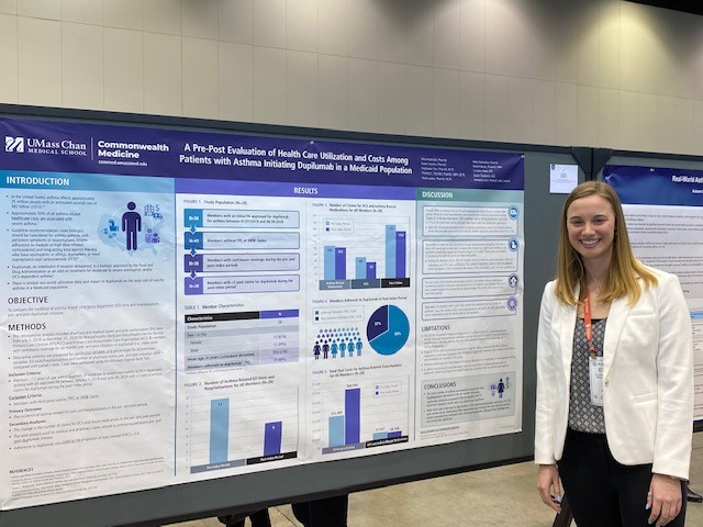 Eliza Anderson, PharmD, pharmacy resident, presenting "A Pre-Post Evaluation of Healthcare Utilization and Costs Among Patients with Asthma Initiating Dupilumab in a Medicaid Population".