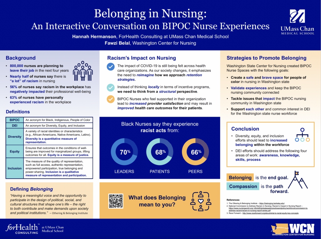 Image of poster "Belonging in Nursing: An Interactive Conversation on BIPOC Nurse Experiences," featured at the UMass Chan Medical School's Diversity Summit on Oct. 11-12, 2023
